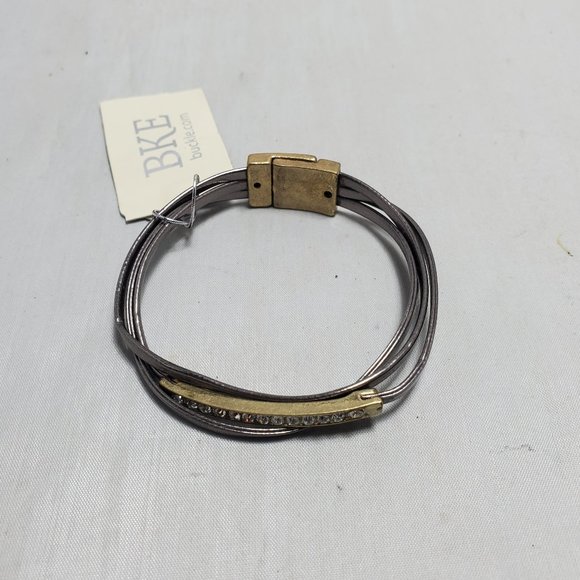 BKE multi leather with rhinestone bar and magnetic clasp bracelet pewter/brass - Picture 1 of 6